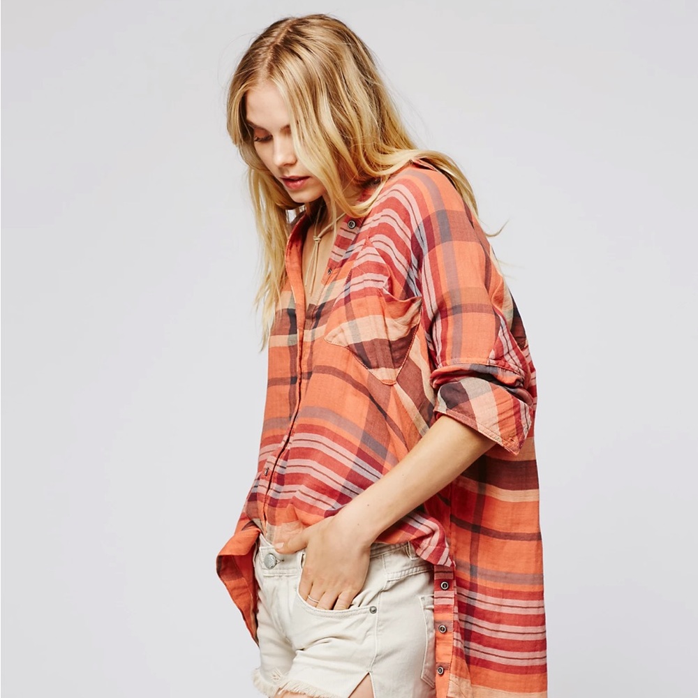 Free People Year Round Buttondown Shirt Orange Oversized Plaid Shirt - small